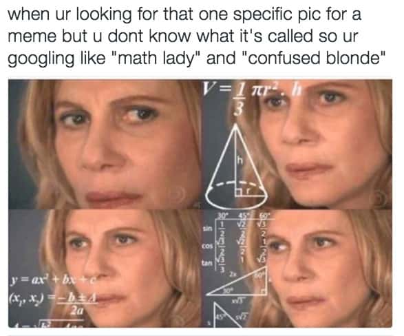 Confused math lady meme searching for unknown specific meme pic