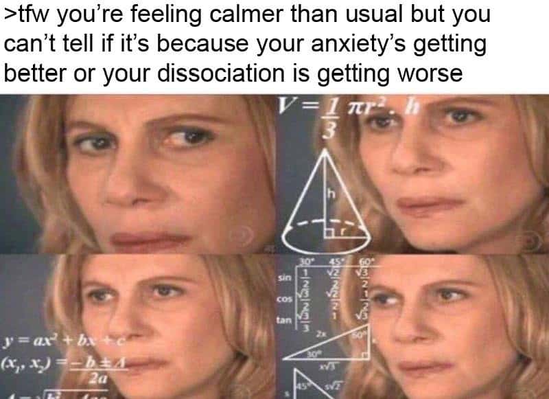 Confused math lady meme unsure if calm is anxiety or dissociation