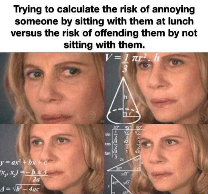 Confused math lady meme calculating lunch social risk