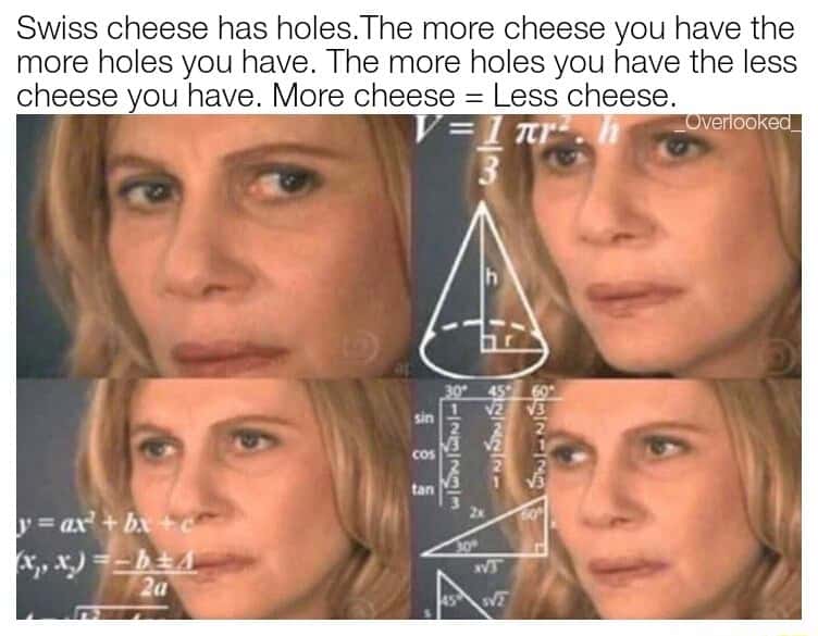 Confused math lady meme confused by swiss cheese paradox