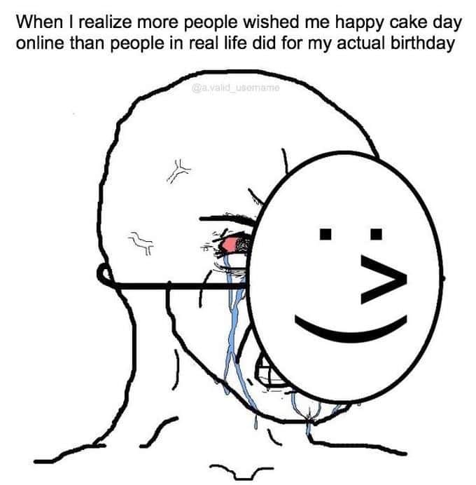 Crying behind mask meme sad over online cake day wishes