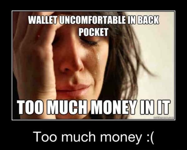 Crying lady meme annoyed by bulky wallet full of cash