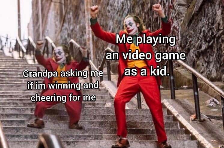 Joker dance meme playing game while grandpa cheers me