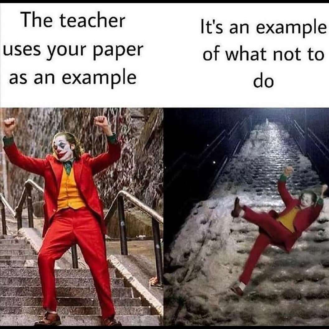 Joker dance meme falls when teacher uses your paper as bad example