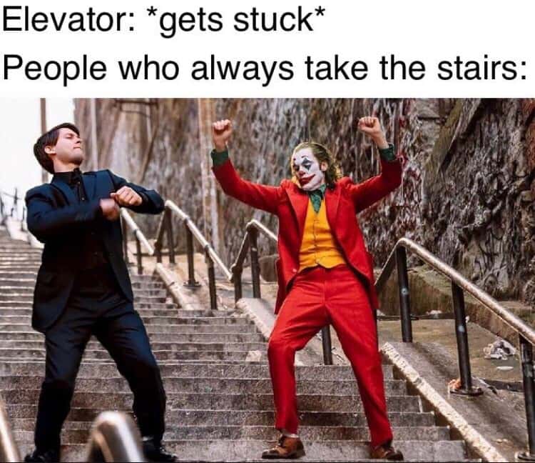Joker dance meme celebrating when elevator gets stuck