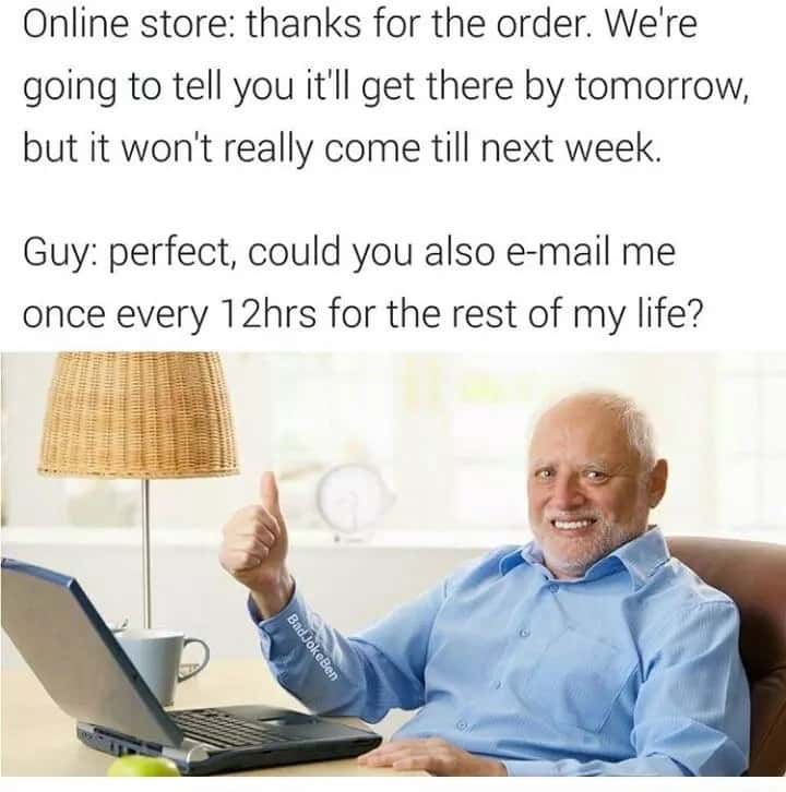 Harold thumbs up meme mocking late online order updates Harold thumbs up meme mocking late online order updates