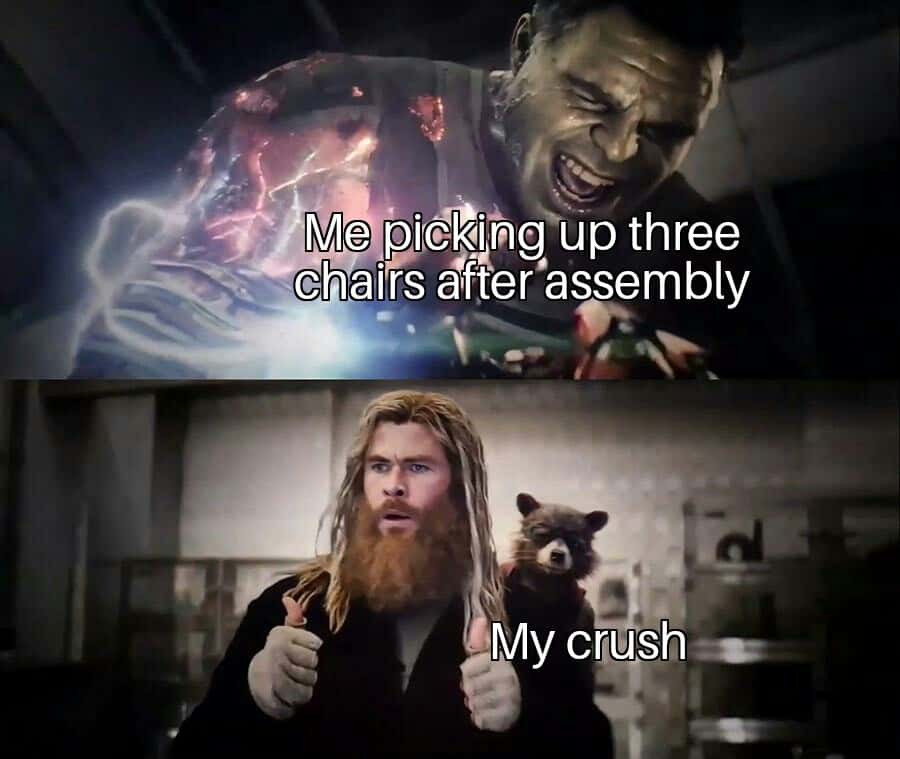 Hulk thor thumbs up meme picking up chairs to impress crush Hulk thor thumbs up meme picking up chairs to impress crush