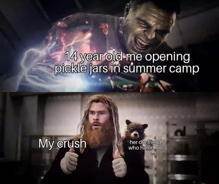Hulk thor thumbs up meme opening pickle jars to impress crush Hulk thor thumbs up meme opening pickle jars to impress crush