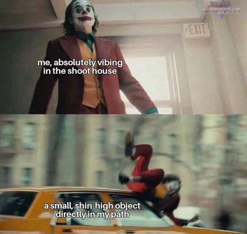 Joker gets hit by a car meme trips over small shin object mid vibe