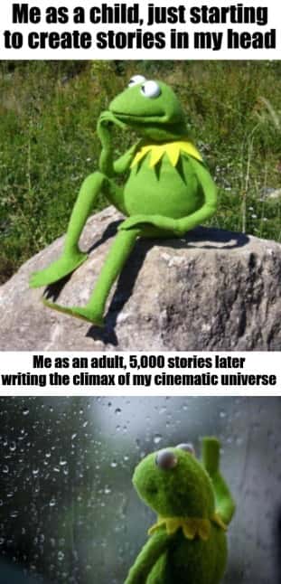 Kermit thinking meme making up own cinematic universe