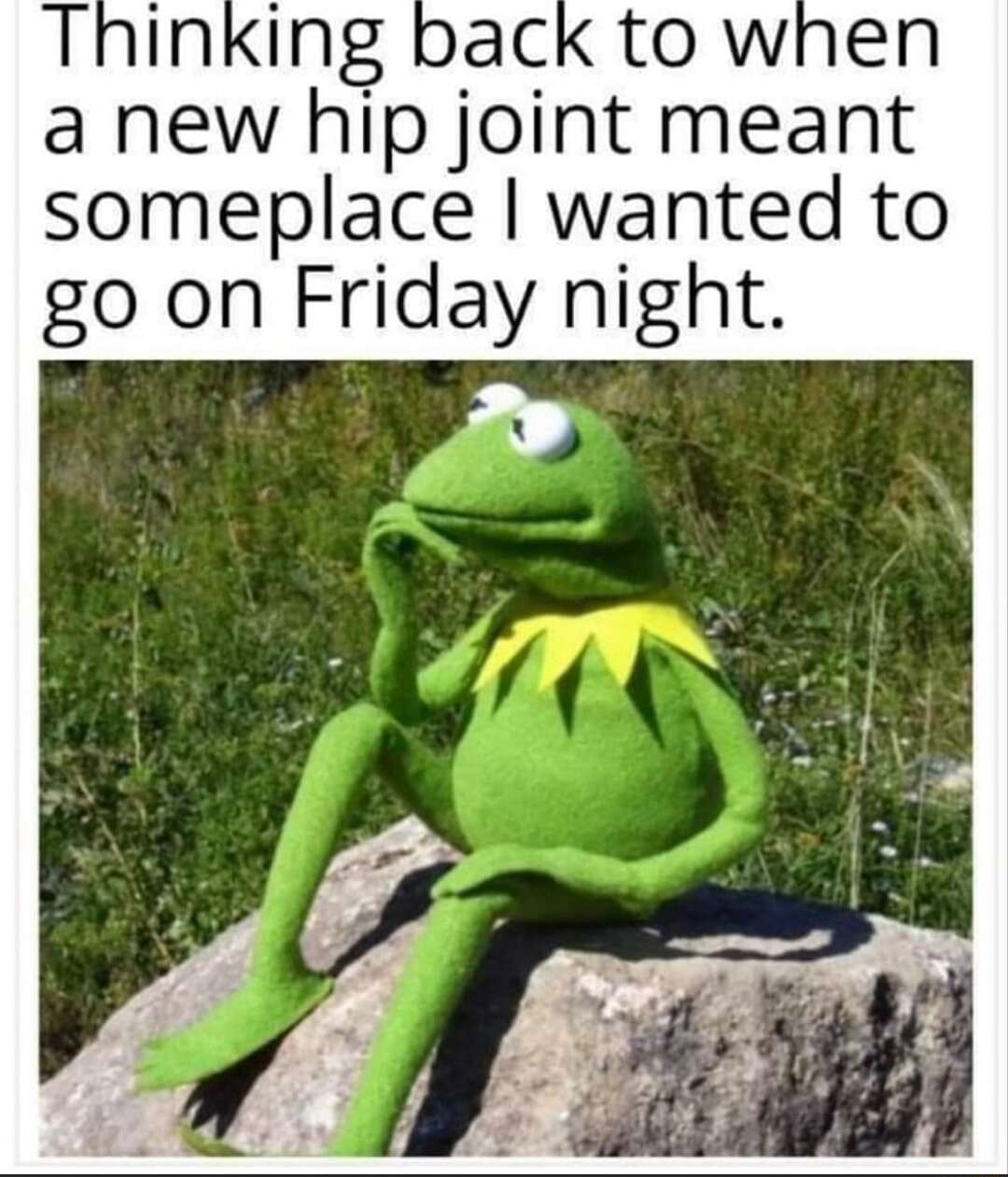Kermit thinking meme recalling old friday hip joint days