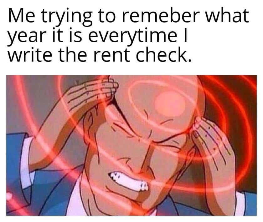 Lex luthor thinking meme straining to recall current year for rent checks
