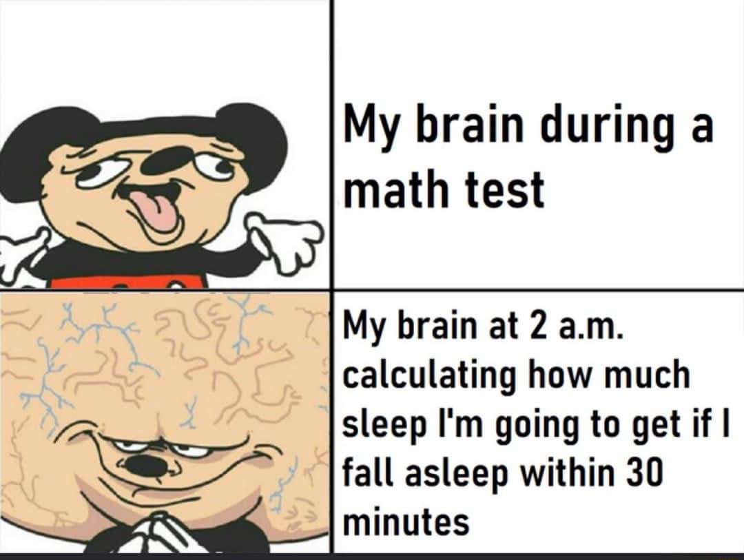 Mickey brain 2-panel meme math vs midnight sleep math