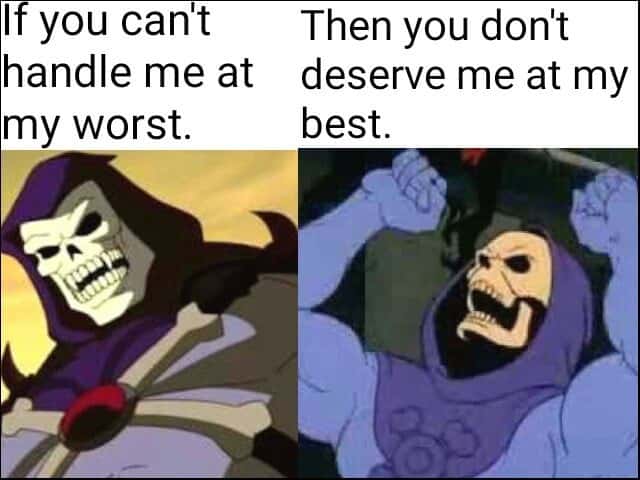 Sassy two panel Skeletor meme delivering the iconic 'handle me at my worst' joke