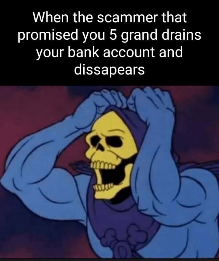 Panicked screaming Skeletor meme reeling after a scammer drains his full bank account