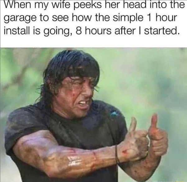 Rambo meme gives thumbs up when wife checks garage install