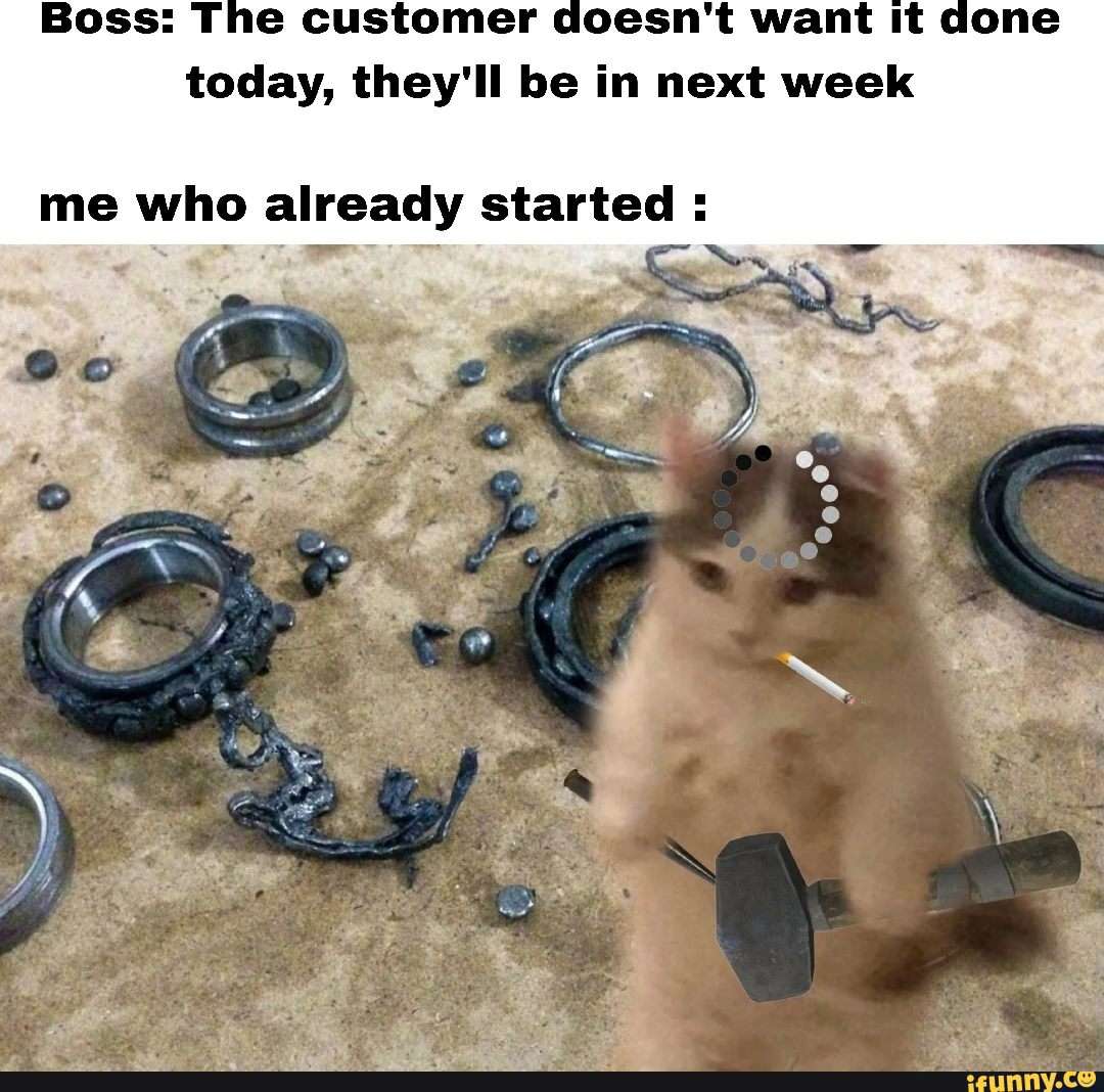 Worker cat meme smashed parts when boss delays work