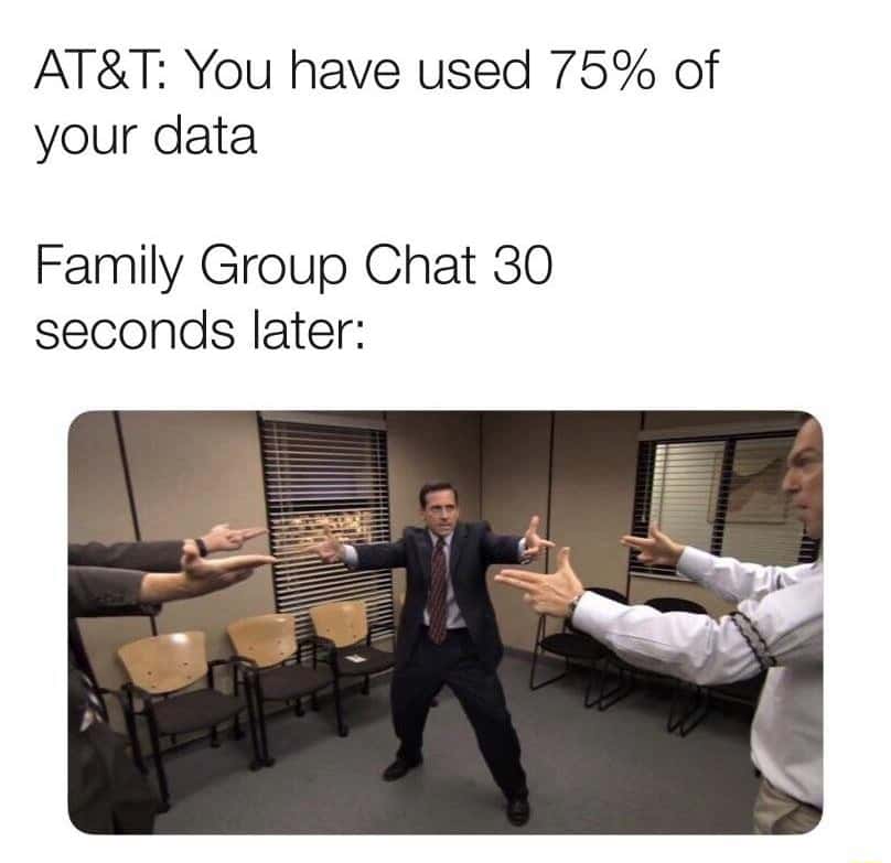 The office mexican standoff meme family chat draining mobile data