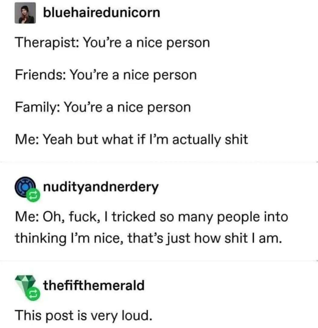 Everyone says you are nice meme spiraling into self doubt