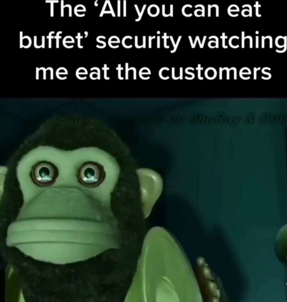 Toy story monkey meme buffet guard stunned by absurd scene