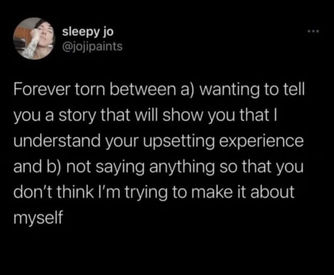 Social anxiety meme torn between relating and staying quiet
