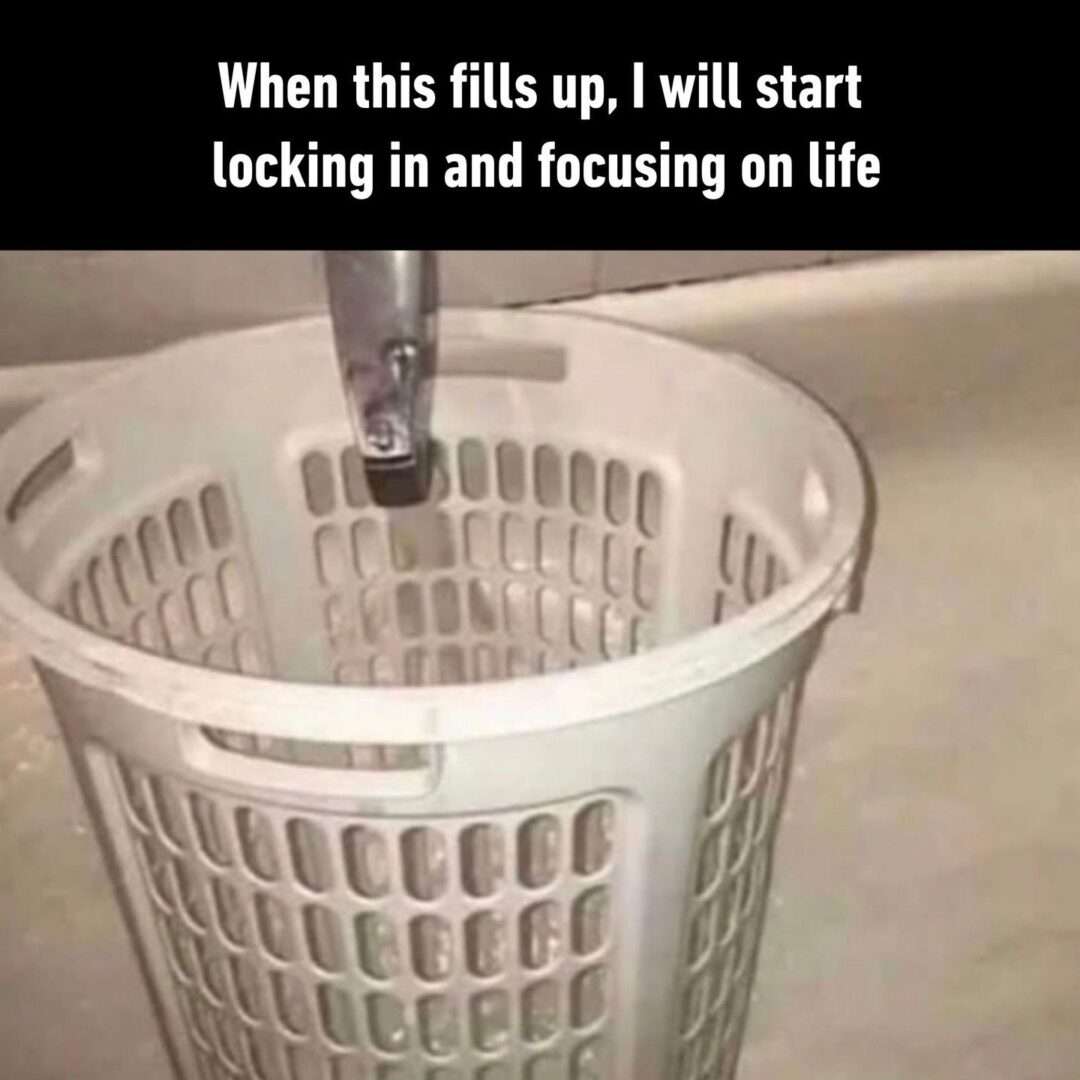Laundry basket meme waiting to fill up to lock in on life