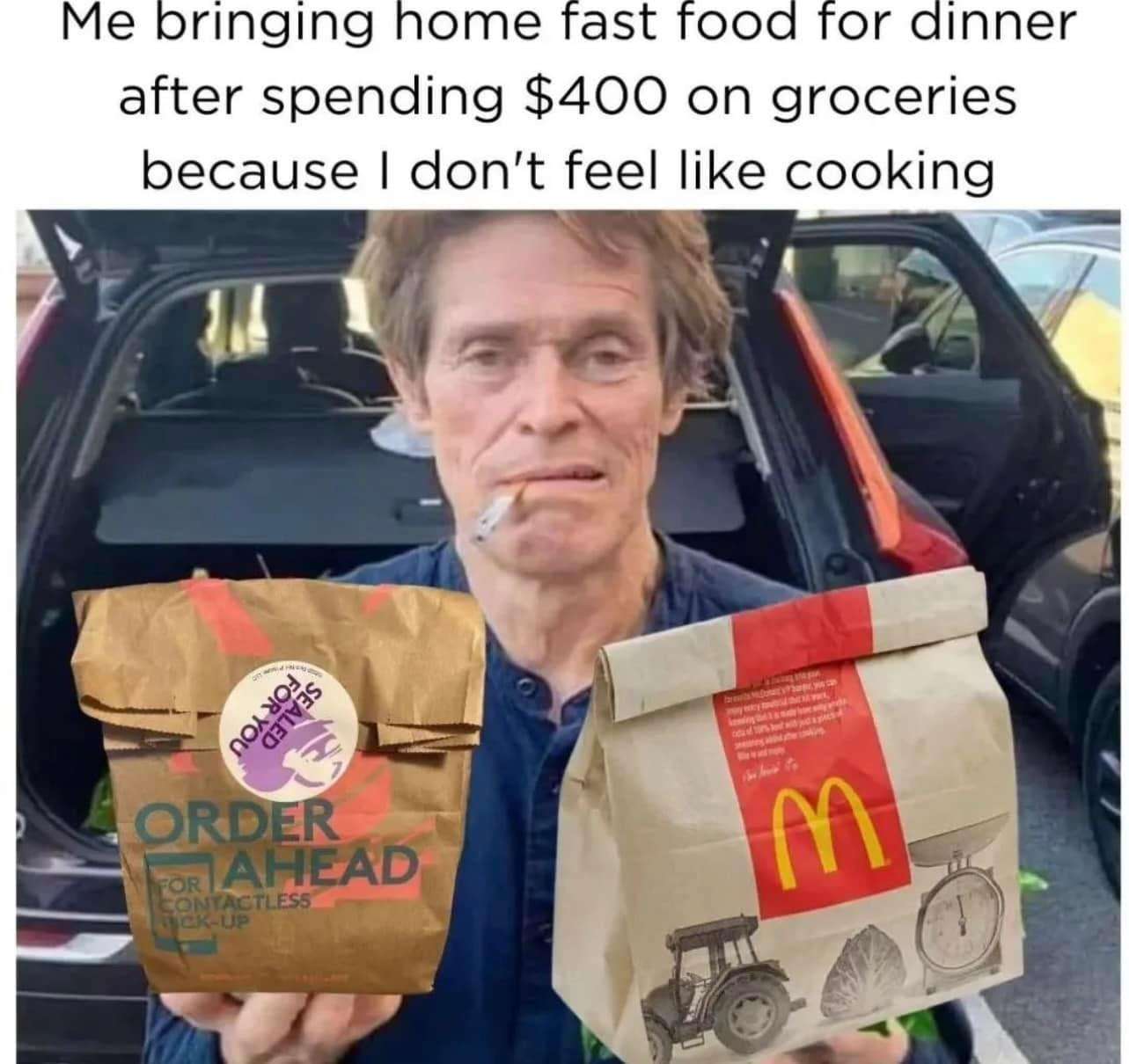 Willem dafoe holding oranges meme grocery purchase then fast food dinner