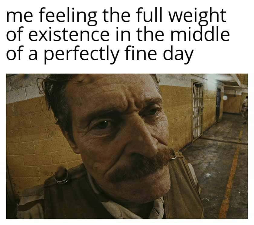 Willem dafoe wide angle closeup meme sudden existential weariness