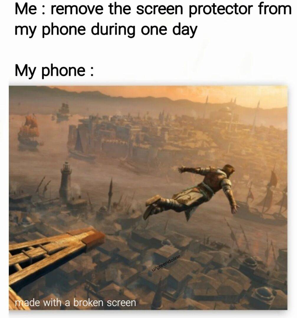 Assassin's Creed Leap of Faith Meme: Phone Screen Protector Humor