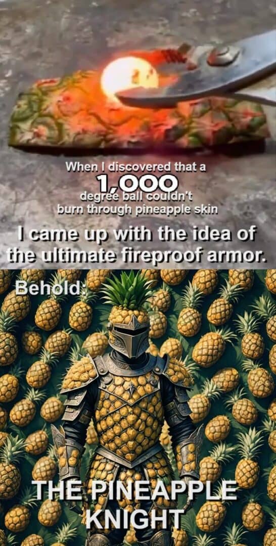 Pineapple knight meme about fireproof armor from pineapple skin