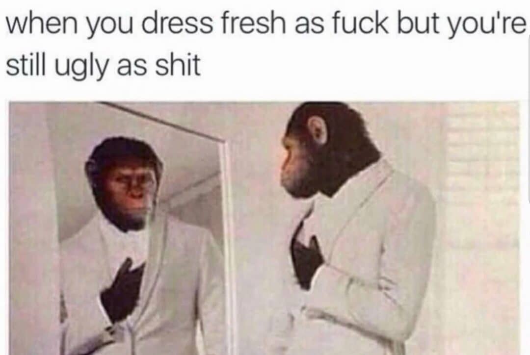 Monkey In Suit Meme About Looking Great But Still Feeling Ugly