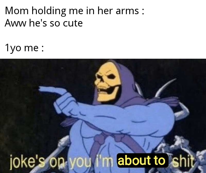 Joke's On You, I'm Into That Shit: Mom Holds Baby Cute 1yo Me Skeletor Shit Joke