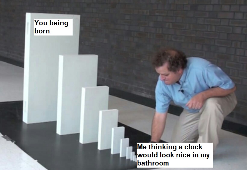 Domino Effect Meme: Me thinking a clock would look nice in my bathroom