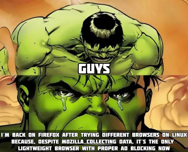 Crying Hulk Meme: Guys I'm back on firefox after trying different browsers on linux because