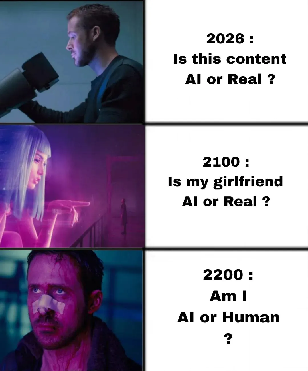 2026: Is this content Al or Real? / 2100: Is my girlfriend Al or Real? / 2200: Am I Al or Human ?