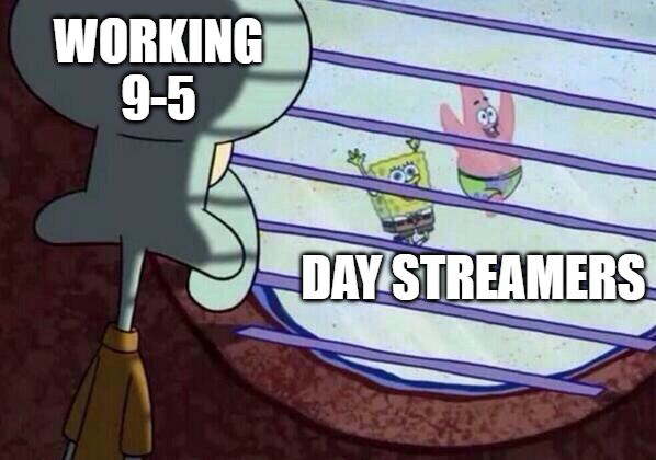Squidward looking out the window meme: Working 9-5 / day streamers