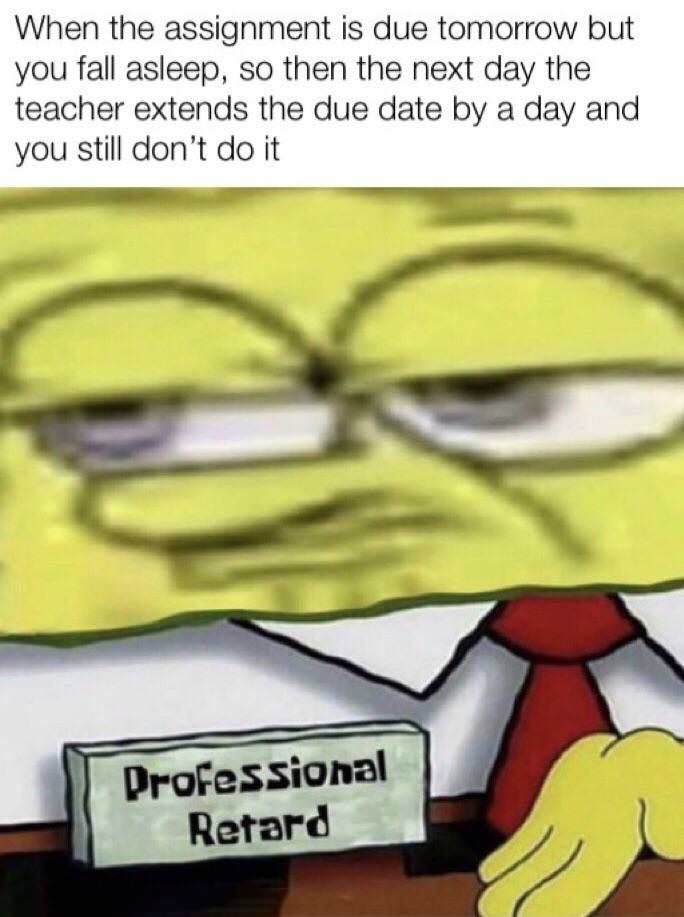 SpongeBob Professional Retard Meme: When the assignment is due tomorrow