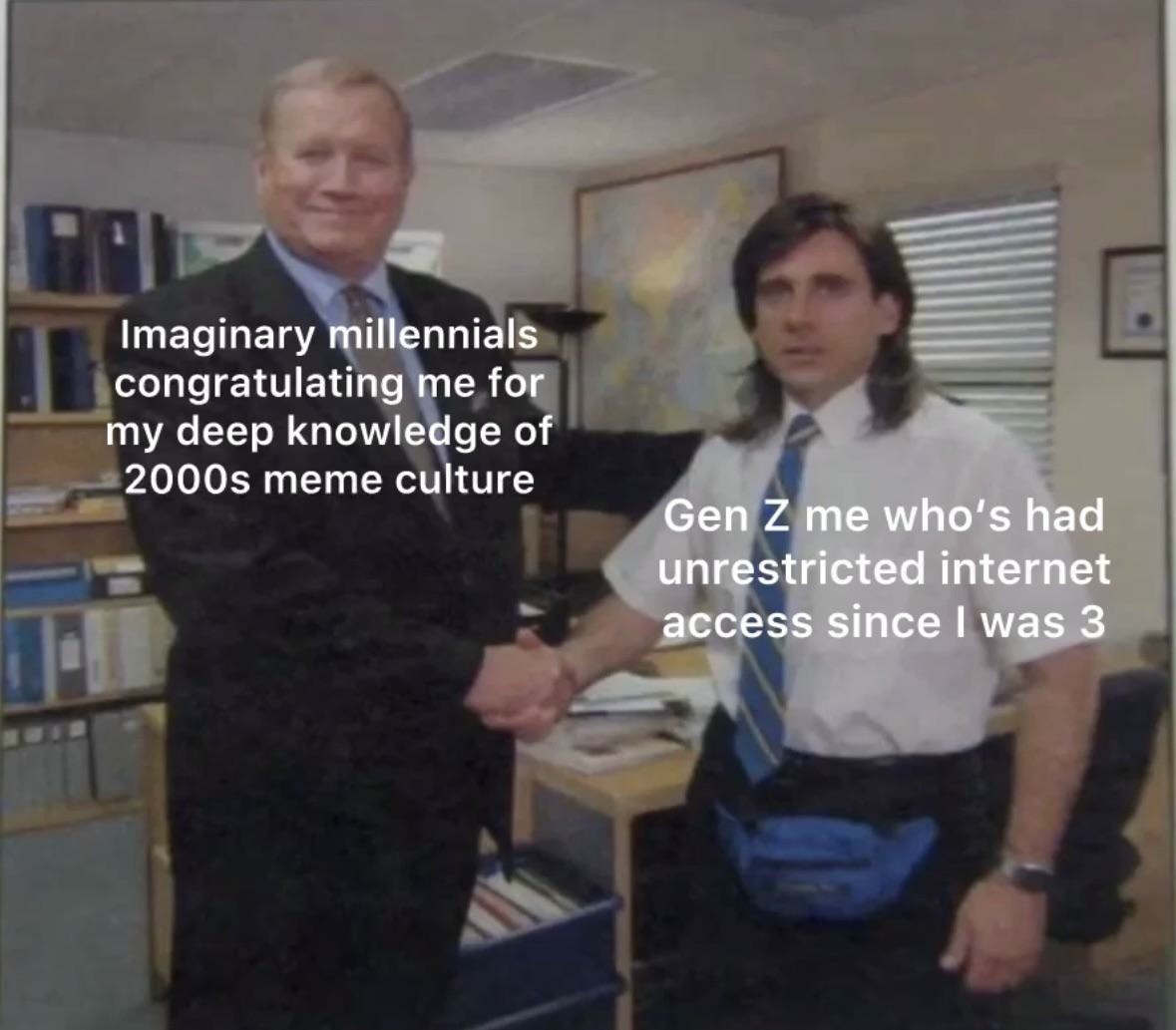 The Office Handshake Meme: Imaginary millennials congratulating me for my deep knowledge of 2000s meme culture