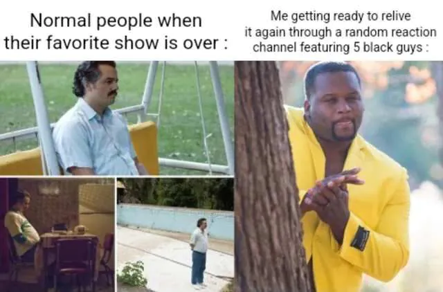 Normal people when their favorite show is over / Me getting ready to relive it again through a random reaction channel featuring 5 black guys