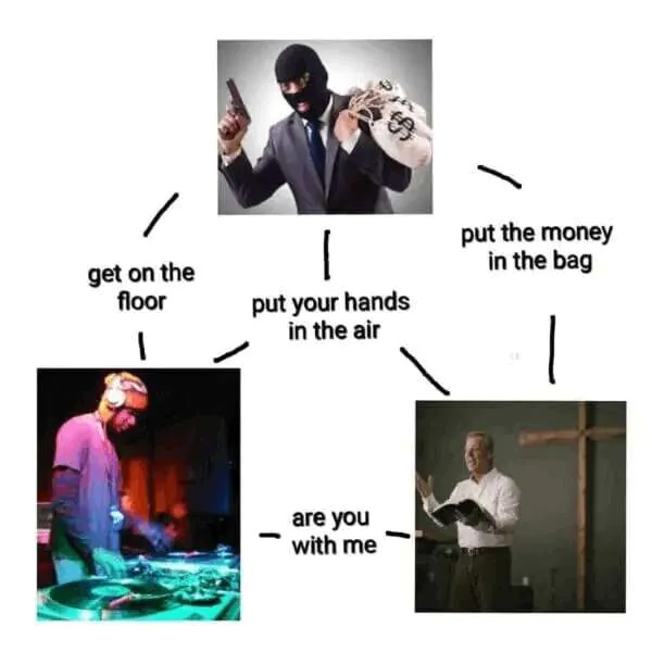get on the floor / put the money in the bag / put your hands in the air / are you with me