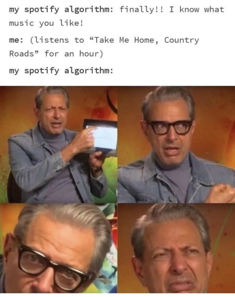 my spotify algorithm: finally!! I know what music you like! / me: (listens to "Take Me Home, Country Roads" for an hour) / my spotify algorithm