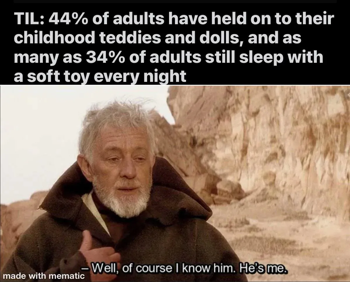 TIL: 44% of adults have held on to their childhood teddies and dolls, and as many as 34% of adults still sleep with a soft toy every night - Well, of course I know him. He's me.