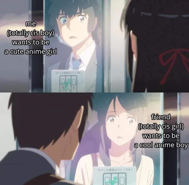 me (totally cis boy) wants to be a cute anime girl / friend (totally cis girl) wants to be a cool anime boy