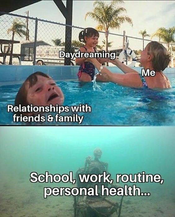 Drowning Kid: Meme About Prioritizing Daydreaming Over Responsibilities