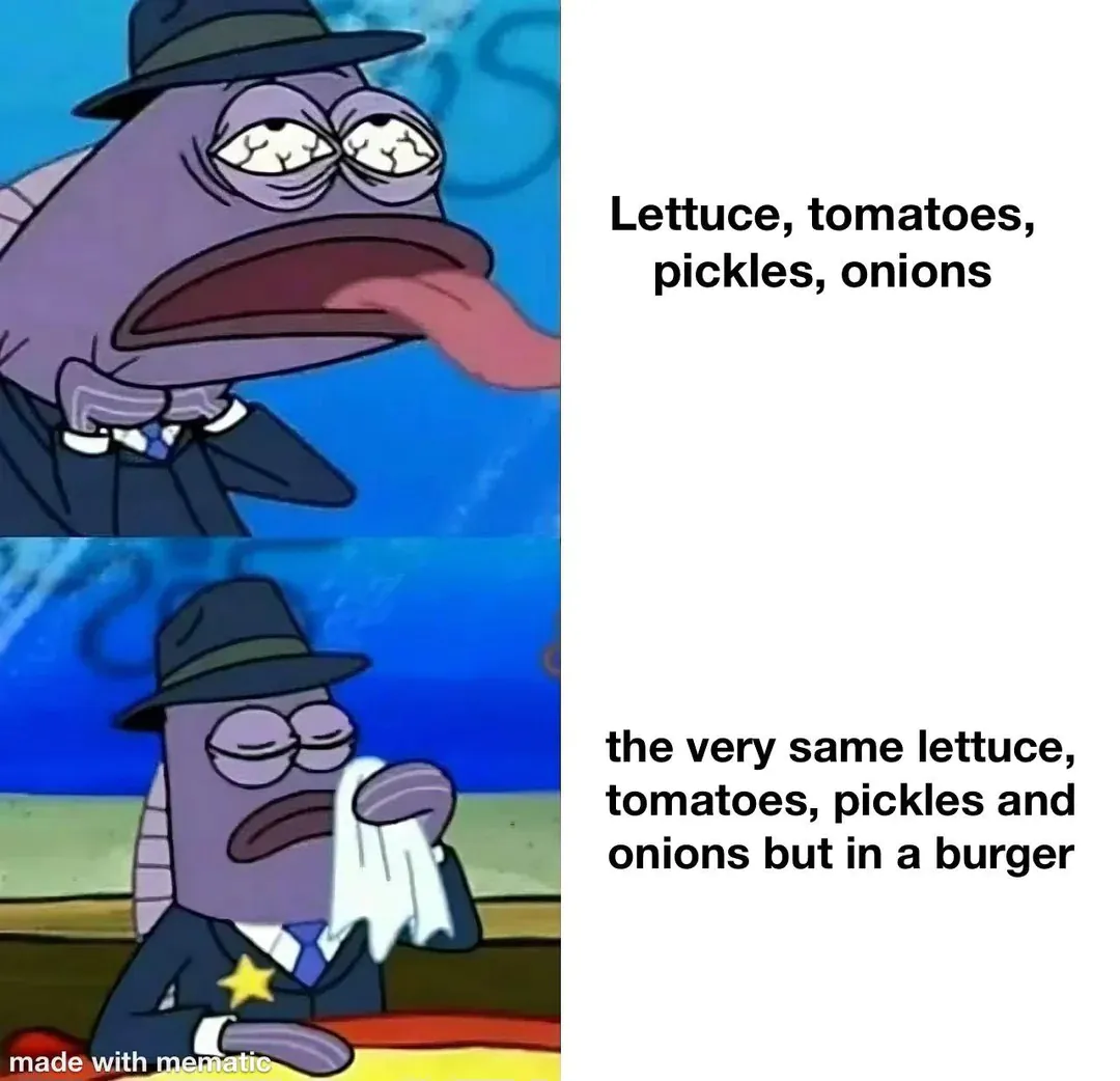 Lettuce, tomatoes, pickles, onions / the very same lettuce, tomatoes, pickles and onions but in a burger