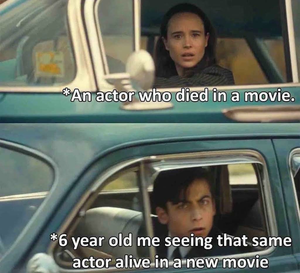 The Umbrella Academy Car Meme: 6 year old me seeing that same actor alive in a new movie