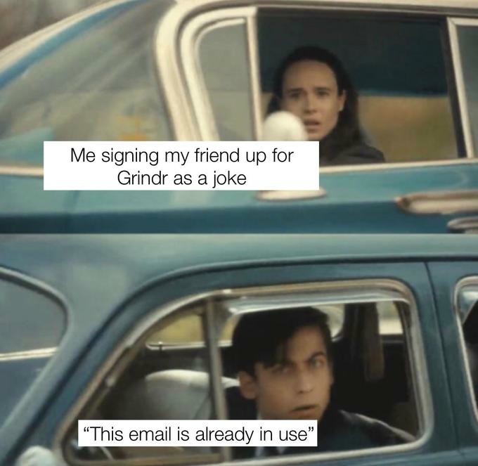 The Umbrella Academy Car Meme: Me signing my friend up for Grindr as a joke