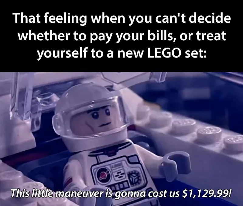 That feeling when you can't decide whether to pay your bills, or treat yourself to a new LEGO set: This little maneuver is gonna cost us $1,129.99!