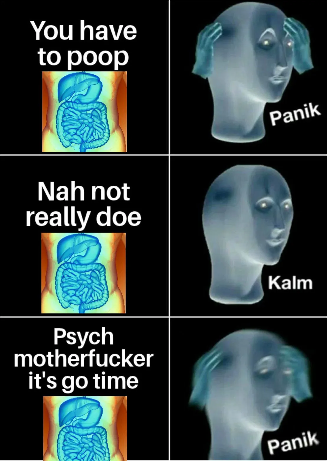 You have to poop: Panik / Nah not really doe: Kalm / Psych motherfucker it's go time: Panik