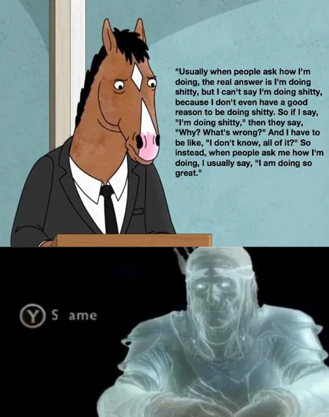 "Usually when people ask how I'm doing, the real answer is I'm doing shitty, but I can't say I'm doing shitty because I don't even have a good reason to be doing shitty. So if I say. "I'm doing shitty." then they say, "Why? What's wrong?" And I have to be like, "I don't know, all of it?" So instead, when people ask me how I'm doing, I usually say, "I am doing so great." / S ame